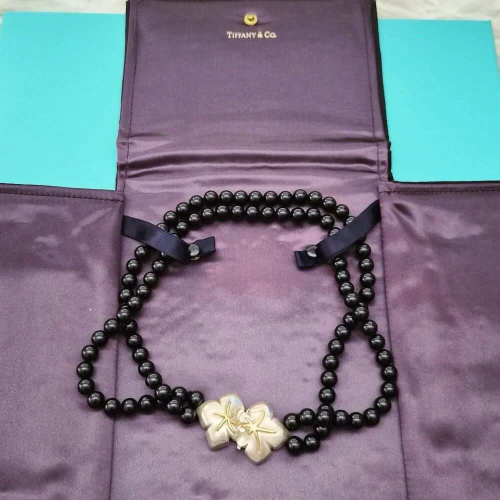 RARE Vintage Tiffany & Co. Black Onyx Bead Starfish 18K Gold Silver Necklace